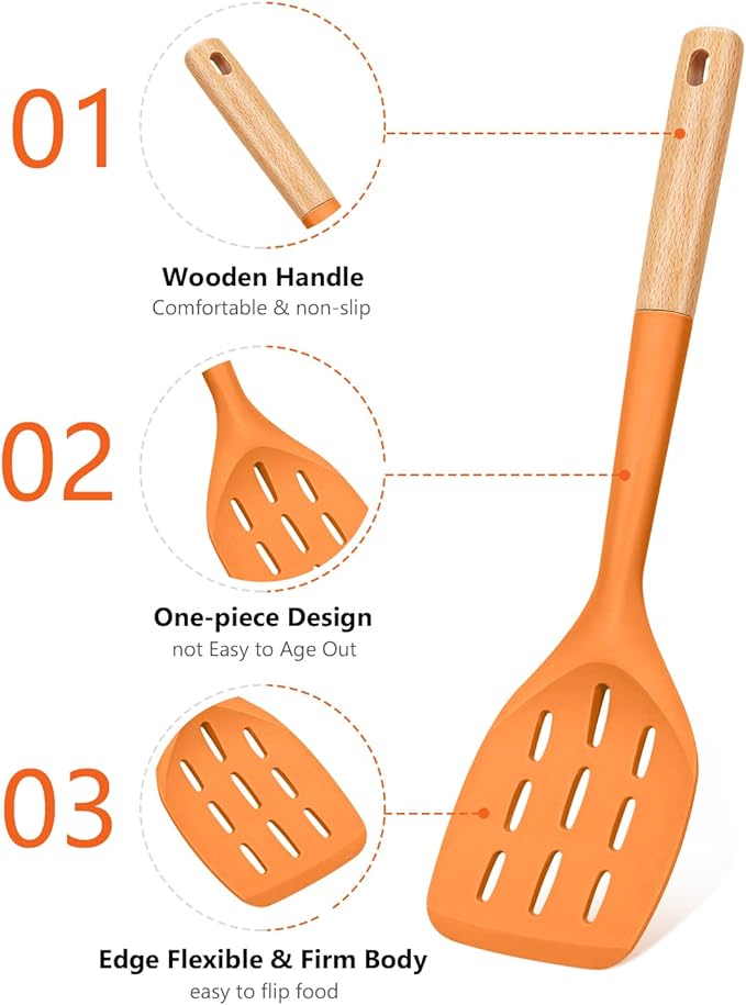 Pack of 2 Silicone Spatula, Non Stick Cooking Utensil Set, Wooden Handle Kitchen Turner for Baking Mixing Grilling Serving Food Heat Resistant (ORANGE)