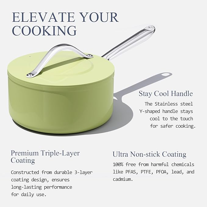3.5QT Nonstick Ceramic Sauce Pan with Lid 8 inch Ceramic Cookare Even Heat Distribution Non Toxic PFAS-Free Healthy Soup Pot for All Stovetops, Oven & Dishwasher Safe 500°F, Olive Green