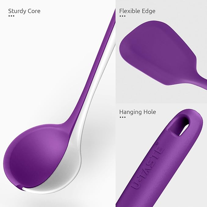 Silicone Kitchen Cooking Utensil Set: U-Taste 600ºF Heat Resistant 13.6in Extra Long Kitchen Tools, Food-Grade Non-Stick Spatula Turner Spoon Ladle for Stir Frying, Serving, Mixing (5 Pieces, Purple)