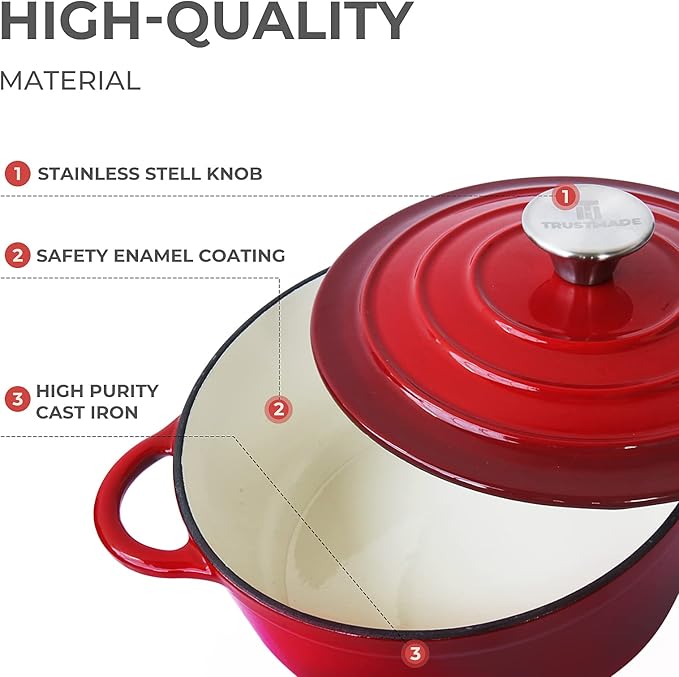 Trustmade 3 QT Cast Iron Dutch Oven, Enamel Coated Cookware Pot with Self Basting Lid for Home Baking, Braiser, Cooking, Red