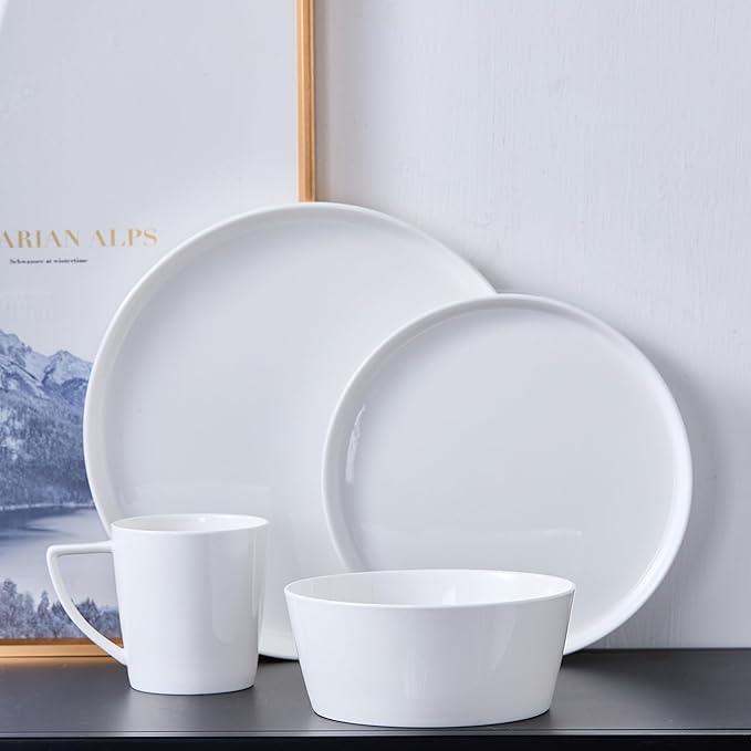 Stone Lain Madeline Bone China 16 Piece Dinnerware, Plates and Bowls Sets for 4, White Dish Collection with Mugs, Modern Edge, Microwave & Dishwasher Safe