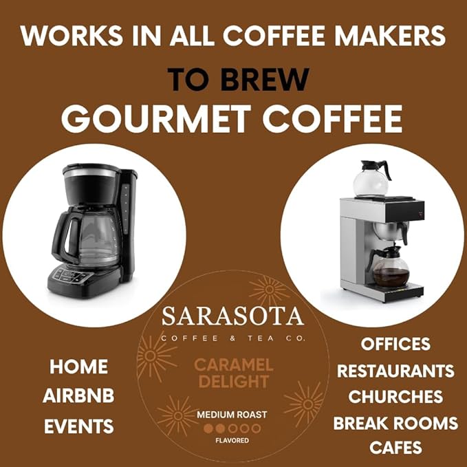 Sarasota Coffee Packs Bulk Ground Packets | Salted Caramel Flavored | Gourmet Gift Sampler | Low Acid Mold Free Individual Single Pot Pouches for 12 Cup Coffee Maker | 1.75 Oz Bags, 100 Count