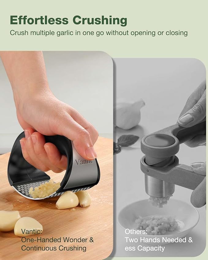 Vantic Garlic Press Rocker - Stainless Steel Garlic Crusher, Mincer and Chopper with Peeler & Scraper, Easy Kitchen Gadget for Effortless Smashing