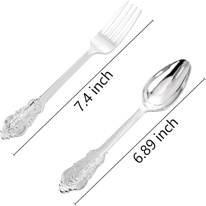 BUCLA 200PCS Silver Plastic Forks and Spoons - Plastic Silverware Baroque - Disposable Silverware Heavy Duty - 100PCS Silver Forks and 100PCS Spoons for Weddings, Christmas and Party
