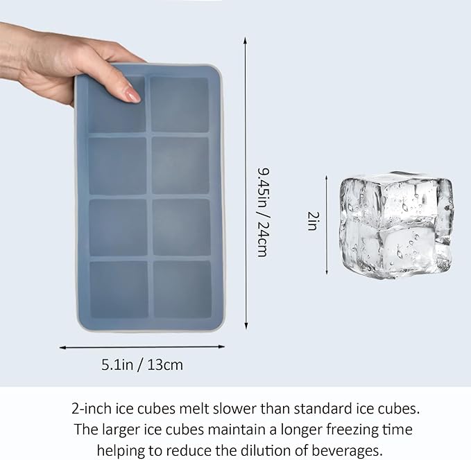 2 Pack Silicone 2 Inch Large Ice Cube Molds for Cocktails Wine Fruit and Bourbon Whiskey Easy Release Ice Cube Tray with Lid Ideal for Cold Drinks and Entertaining Gatherings (Ocean Blue)