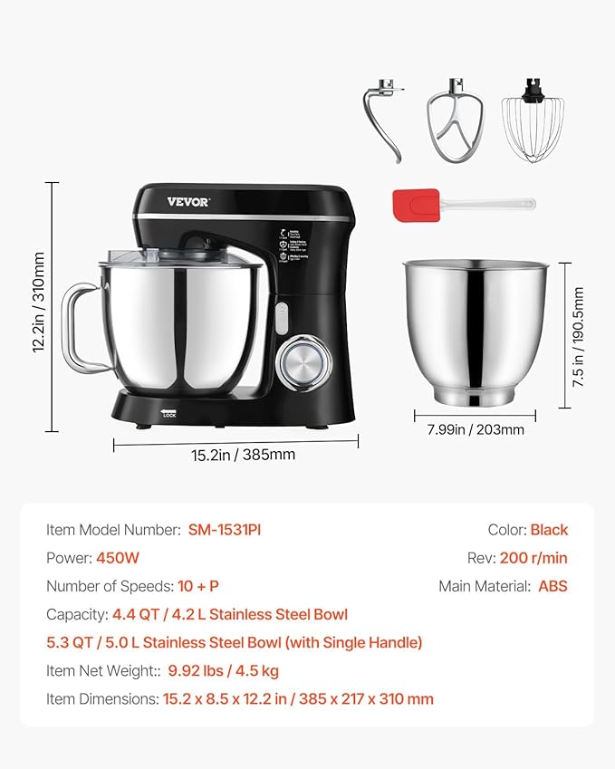 VEVOR Stand Mixer, 5.3QT + 4.4QT Two Stainless Steel Bowls, 10+P Speeds Tilt-head Food Mixer, Kitchen Mixer with Dough Hook, Wire Whip, Beater, Scraper, Household Stand Mixer for Baking Mixing, Black
