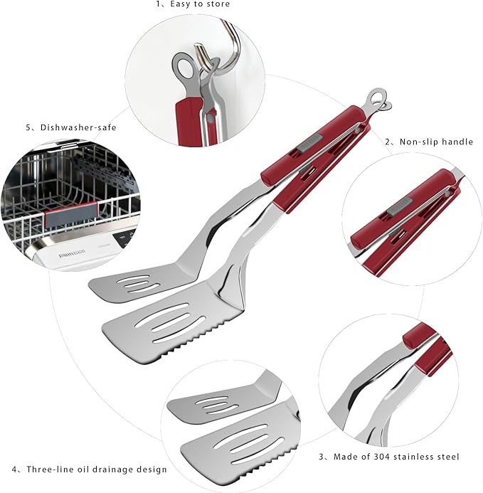11.5-inch Stainless Steel Tongs for Cooking – Versatile Metal Spatula Tongs for Flipping, Picking Up, Cutting, and Stir-Frying Meats and Other Foods. Kitchen Tongs Durable and Multifunctional.(Red)