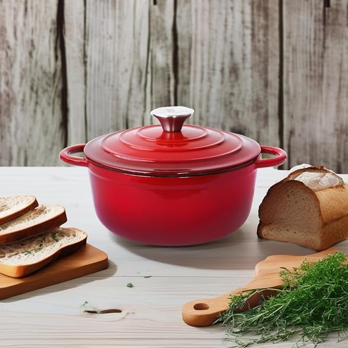 Trustmade 4.5 QT Cast Iron Dutch Oven, Enamel Coated Cookware Pot with Self Basting Lid for Home Baking, Braiser, Cooking, Red