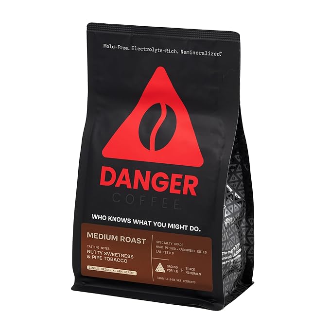 Danger Coffee by Dave Asprey, Remineralized, Mold Free & Lab Tested Ground Coffee, Medium Roast, 10.9 Ounce