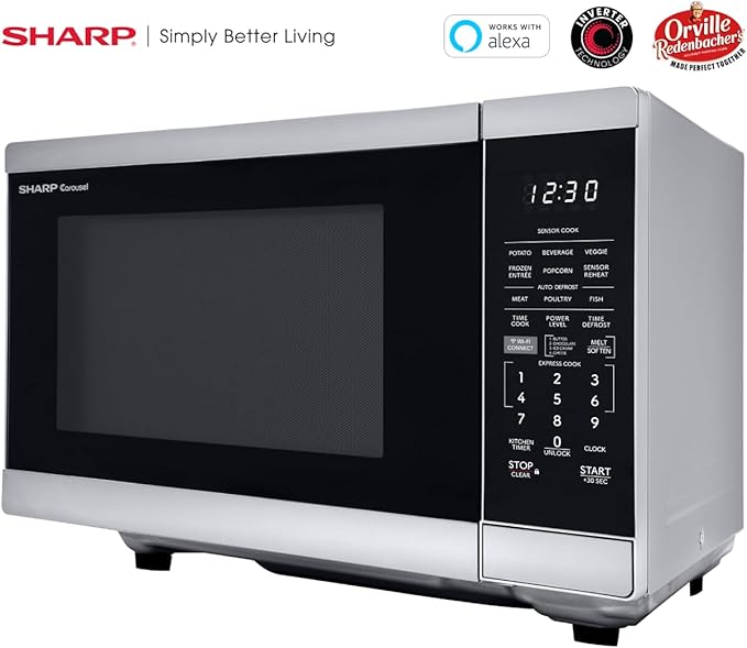 SHARP Countertop Microwave Oven Compatible with Alexa Orville Redenbacher's Certified with Removable 12.4" Carousel Turntable, 1000 Watt, 1.1 Cubic Feet, Stainless Steel