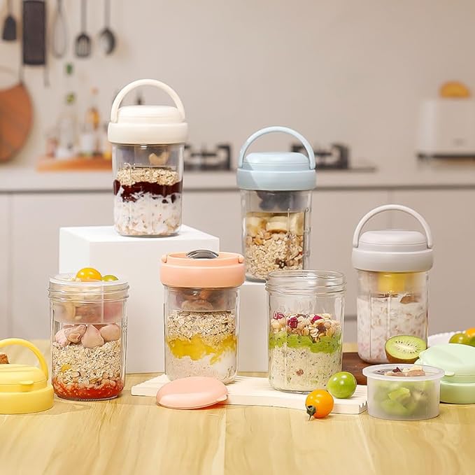 4 Pack Overnight Oats Containers with Lids and Handles, Folding Spoons & Divided Compartments for Fruit & Nuts, 16oz Glass Mason Jars for Oatmeal, Meal Prep & Breakfast (Blue/Green/Yellow/Green)