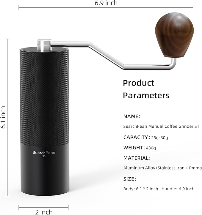 Effortless Burr Mill SearchPean Manual Coffee Grinder, 30g Capacity with CNC Stainless Steel Adjustable Setting For Pour Over Espresso Camping Travel