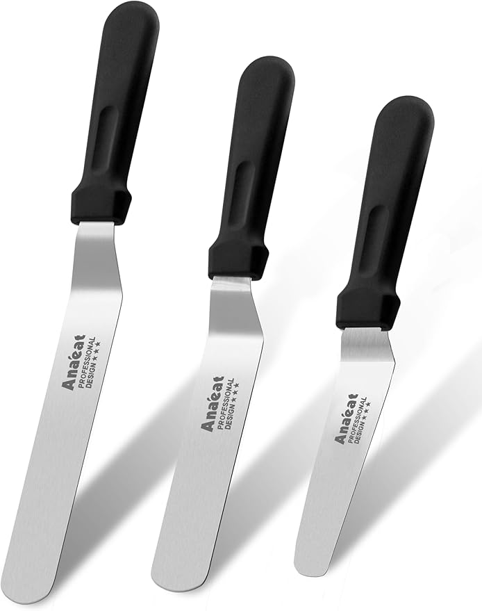 Anaeat Icing Spatulas, Set of 3 Professional Cake Angled Offset Spatula with 4", 6", 8" Stainless Steel Blades - Thickened Frosting Knife with Plastic Handle for Cake Decorating, Pastry & Baking