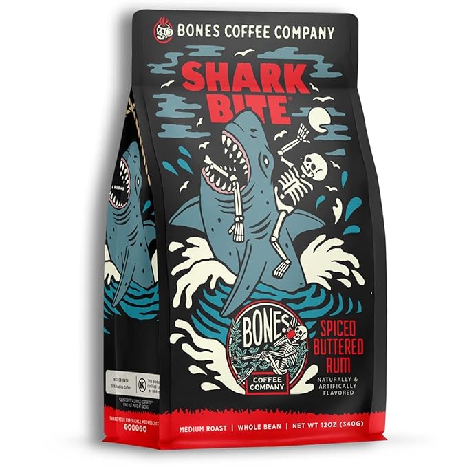 Bones Coffee Company Shark Bite, Buttered Rum Flavored Coffee, Medium Roast Low Acid Arabica Beans Compatible with Auto drip and French Press Coffee Maker, 12 Oz Whole Bean