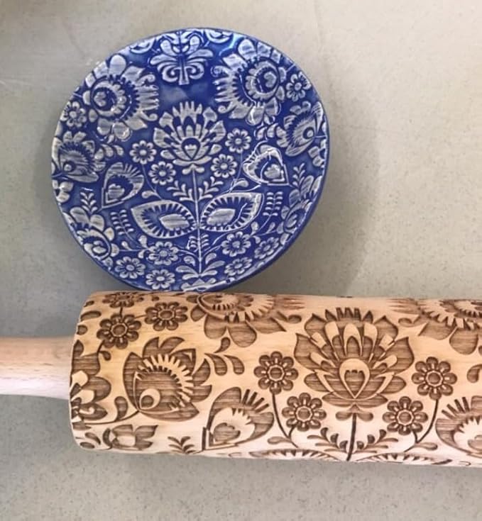 Rolling pin FOLK. Wooden embossing rolling pin with Oriental flowers. Embossed cookies. Pottery. Birthday gift. Gift for mother