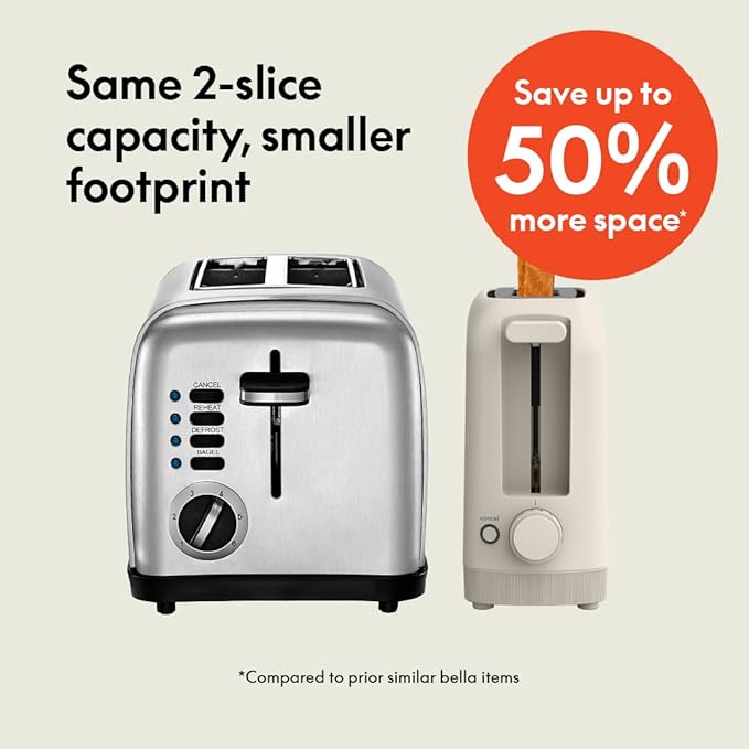 bella 2 Slice Slim Toaster, Fits-anywhere™ Kitchenware, 6 Setting Shade Control with Reheat & Cancel Buttons, Fits sourdough, 10” Long Slot, Anti Jam & Auto Shutoff, 900 Watt, Oatmilk