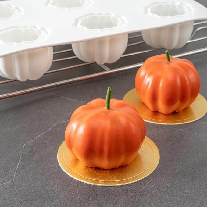Restaurantware-Pastry Tek 6 Cavities Pumpkin Cake Mold, 1 Oven-Ready 3D Pumpkin Mold - Flexible, Freezable, White Silicone Baking Mold, Easy Release, For Baking Treats
