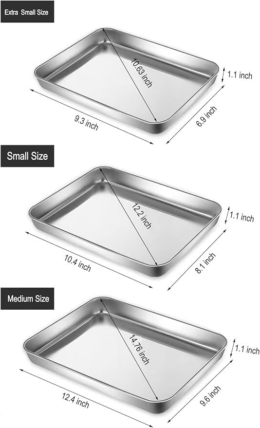 Small Cookie Baking Sheet Pans Stainless Steel 304 Tiny Serving Tray 12.4 x9.6 x1.1Inch (Diagonal 14.8) No Rust Dishwasher Safe Bakeware 2 Pack