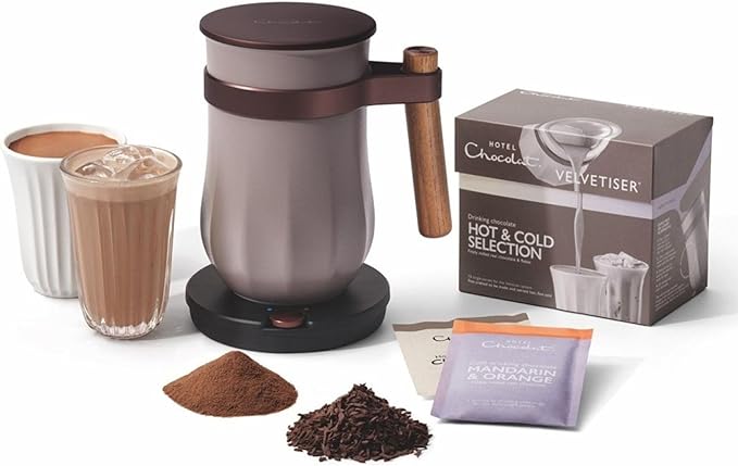 Hot & Cold Drinking Chocolate System - The ALL-NEW Velvetiser from Hotel Chocolat - Kit includes hot chocolate maker with US Power Supply, 10 serving taster box, 1 mug and 1 glass - Pebble Edition