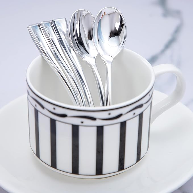 WDF 300 Pieces Plastic Silver Mini Spoons - 4 Inches Silver Plastic Tasting Spoons for Desserts, Heavy Duty Disposable Spoons Perfect for Coffee, Cake, Desserts, Appetizers for Christmas Wedding/Party