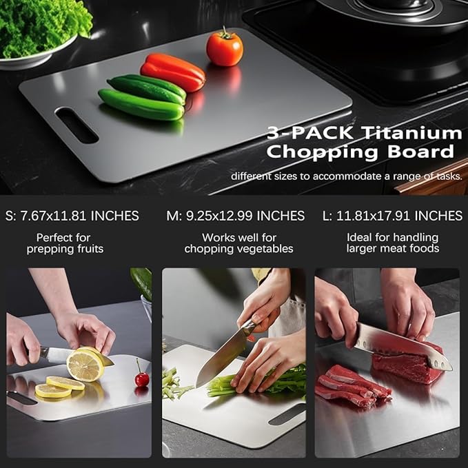 Titanium Cutting Board Set of 3,100% Pure Titanium Cutting Boards for Kitchen Double Sided,Hygiene Durable Dishwasher,Fruit & Vegetables （3P-M)