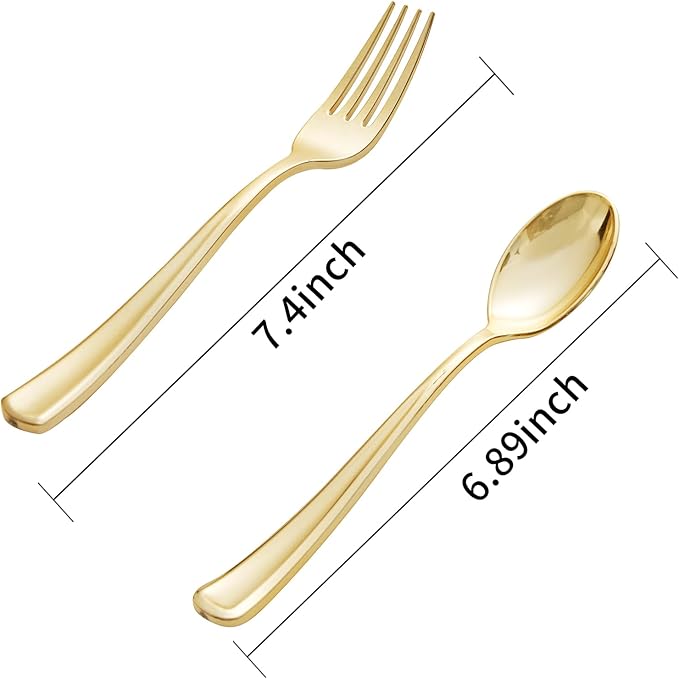 BUCLA 200-Piece Gold Plastic Silverware - Heavy Duty Disposable Cutlery Set - 100 Gold Plastic Forks & 100 Spoons for Catering, Party, Dinner, Wedding & Thanksgiving
