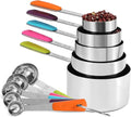 Measuring Cups and Spoons Set Stainless Steel 10 Piece for Cooking and Baking (5 Cups + 5 Spoons, Colorful Handles)