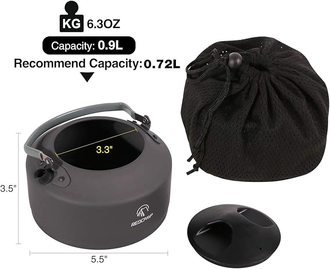 REDCAMP 0.9L Small Outdoor Camping Kettle, Aluminum Water Pot with Carrying Bag, Compact Lightweight Tea Kettle