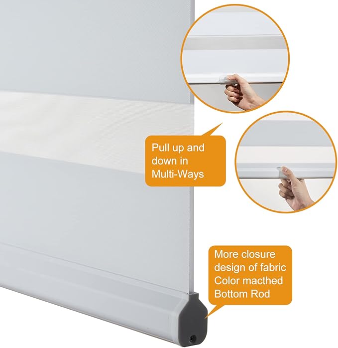 Persilux Cordless Zebra Shades (24" W X 64" H, White) Free-Stop Window Shades Dual Layer Light Control for Day and Night, Light Filtering Sheer Blinds for Windows, Easy to Install