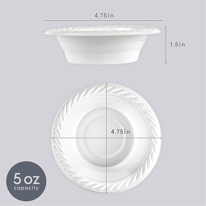 PLASTICPRO 5 ounce Round Plastic Dessert Bowls Microwaveable, Disposable, White, Dinnerware 800 Count