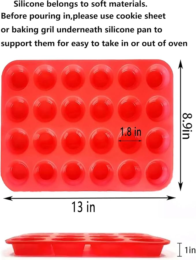 Mini Muffin &Cupcake Set, 24 Cups 2-Pieces, Nonstick Silicone Baking Pan, BPA Free and Dishwasher Safe, Great for Making Muffin Cakes, Tart, Bread (24 Cups Red,2 PCS)