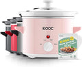 KOOC Small Slow Cooker, 2-Quart, Free Liners Included for Easy Clean-up, Upgraded Ceramic pot, Adjustable Temp, Nutrient Loss Reduction, Stainless Steel, Pink, Round