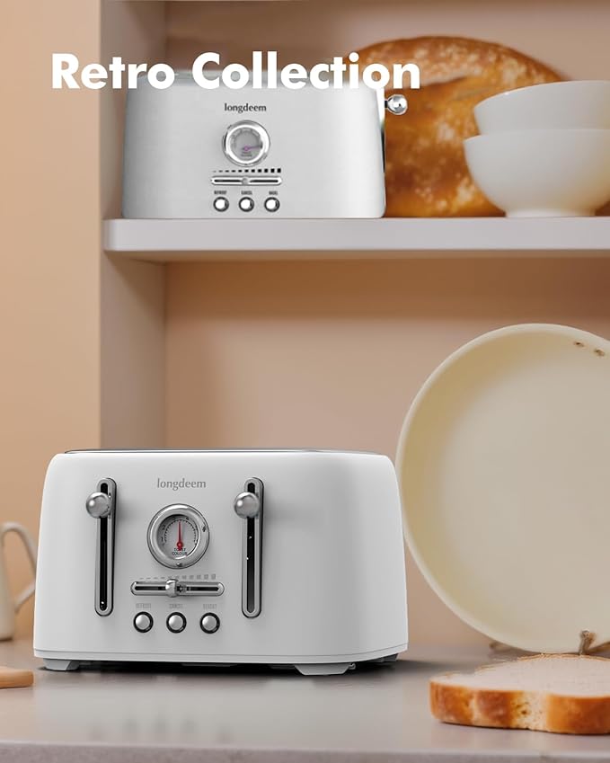LONGDEEM 4-Slice Stainless Steel Toaster with 1.6" Wide Slots, Retro Bagel Toaster with 6 Browning Levels, Defrost/Bagel/Cancel, Removable Crumb Tray, Cute White