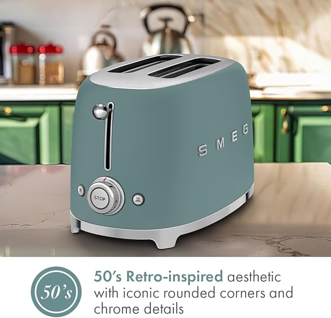 SMEG 2 Slice Toaster with 6 Presets and Defrost Function and Removable Crumb Tray (Jade)