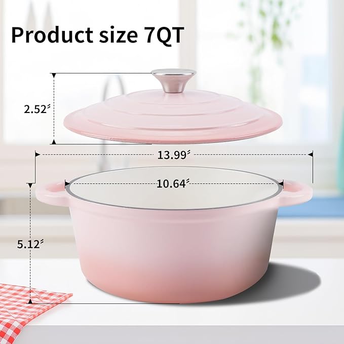 Enameled Cast Iron Dutch Oven Pot with Lid Heavy-Duty Cookware for Bread Baking, Braising, Stews, Roasting，7QT,pink