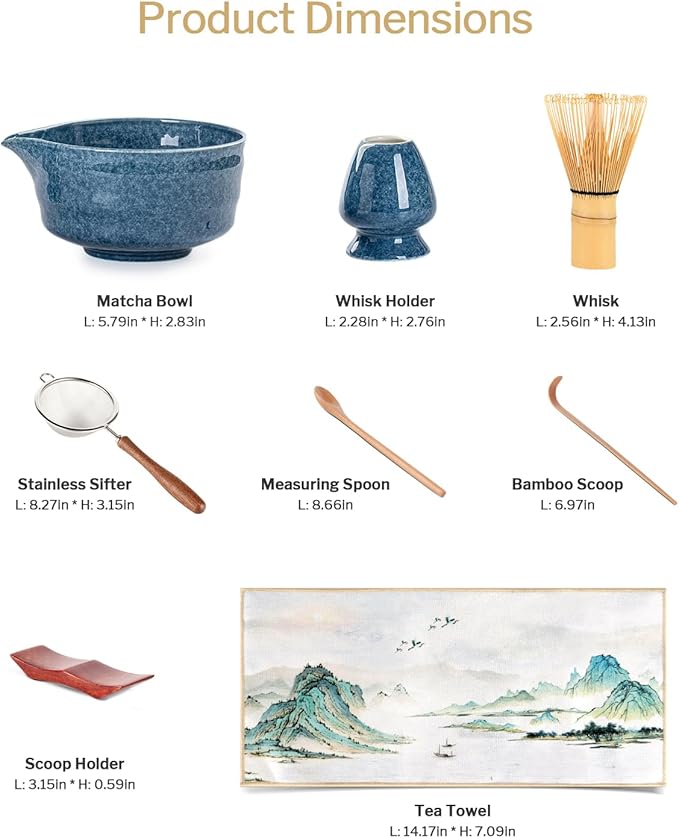 Artisan Matcha Whisk Set - 8 Pcs Premium Matcha Set with Bowl (Chawan), Bamboo Whisk & Tools | Matcha Kit for Making Breakfast/Latte | Gift for Matcha Lovers (Gem Blue)
