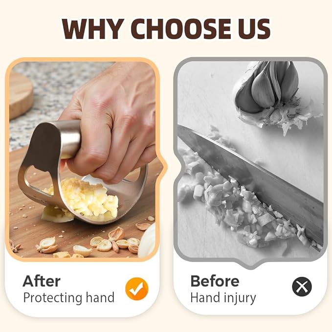 2026 New Garlic Press Rocker, Upgrade Garlic Press Stainless Steel, Portable Manual Stainless Steel Garlic Press Rocker, Innovative Garlic Crusher with Peeler and Scraper (1)