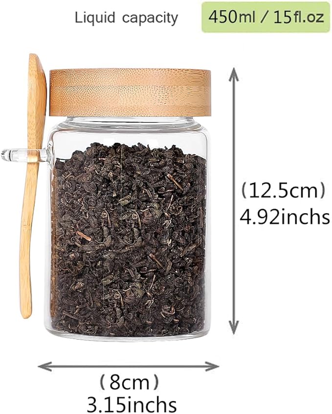 Glass Jar with Screw Lid and Spoon, 6 Pack16 OZ Tea Containers for Loose Leaf Tea, Salt and Sugar Containers for Countertop, Yogurt Jars for Overnight Oatmeal