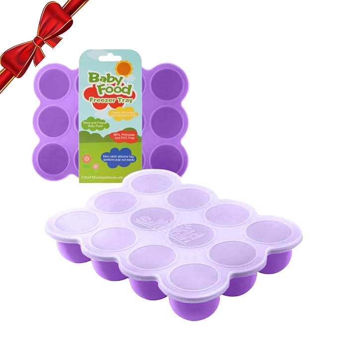 Samuelworld Baby Food Storage Container, 12 Portions x 2.5oz - BPA Free Silicone Freezer Tray with Clip-On Lid for Breast Milk Storage, Homemade Baby Food, Vegetable & Fruit Purees - Purple