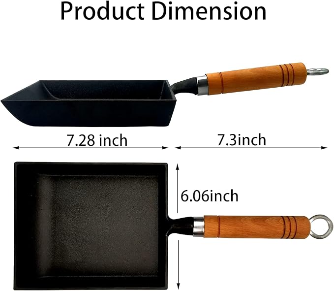 Tamagoyaki Japanese Omelette Pan Cast Iron with Wooden Lid, Square Japanese Egg Pan, Rectangle Tamago Pan with Spatula & Chopsticks 7” x 6” (Black)