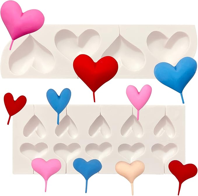 2 Pcs Heart Fondant Molds, Heart Shaped Lollipop Kitchen Baking Silicone Molds for Valentine's Day Cake Decorating, Candy Chocolate, Cookies, Marzipan, Clay, Epoxy, Butter, jelly