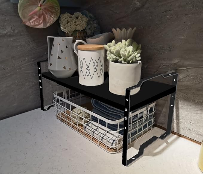 Expandable Shelf for Cabinet Organizer Adjustable Stackable Spice Rack at Kitchen and Bathroom more, Counter Countertop Cupboard Organization Pantry Storage(MEDIUM/2PACKS/BLACK)