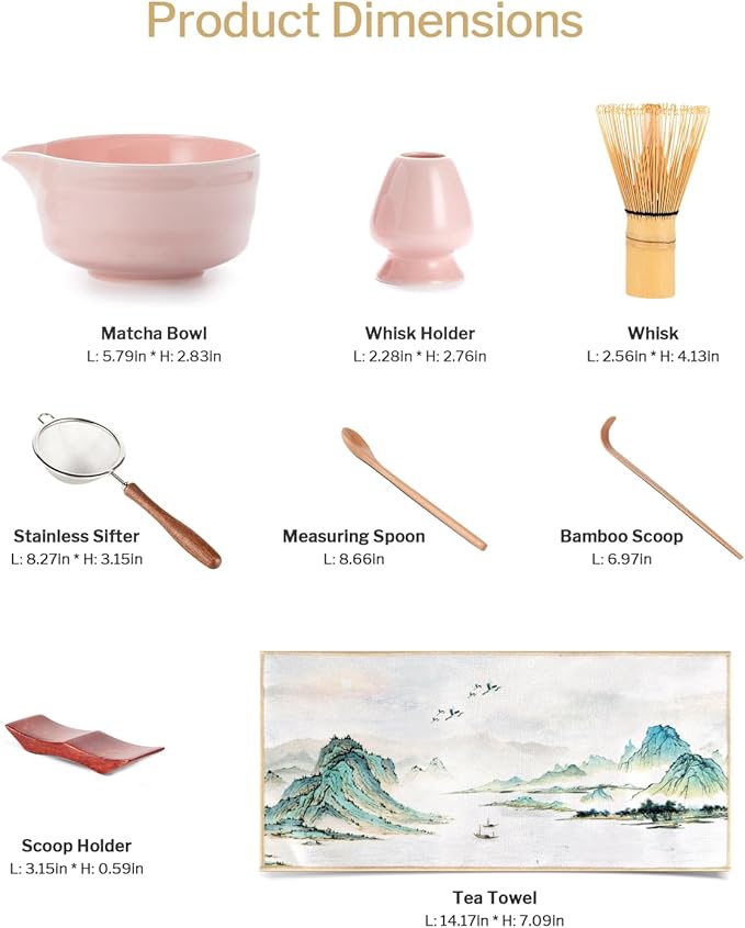 Artisan Matcha Whisk Set - 8 Pcs Premium Matcha Set with Bowl (Chawan), Bamboo Whisk & Tools | Matcha Kit for Making Breakfast/Latte | Gift for Matcha Lovers (Sakura Pink)