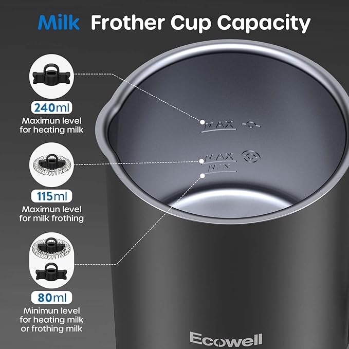 ECOWELL Automatic Milk Frother Heater Milk Boiler, 4 in 1 Electric Coffee Steamer for Heating Milk, Warm and Cold Foam, Coffee Latte, Macchiato, Cappuccinos, Hot Chocolate WMMF01, 8.1oz/240ml,Black