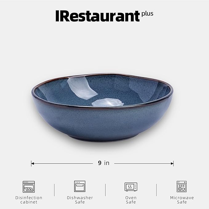 Organic Shape Restaurant Serving Bowl 9", Commerical Grade Catering Stoneware 40oz Bowl in Ir-regular Organic Shape, Chip & Scratch Resistant, Glossy Reactive Glaze Blue, Case of 12