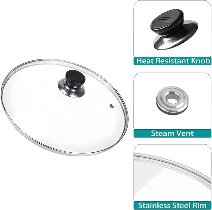 12 Inch Pan Lid, Universal Replacement Pot Lid for Frying Pans, Cast Iron Skillets, Tempered Glass Pan Cover with Steam Vent