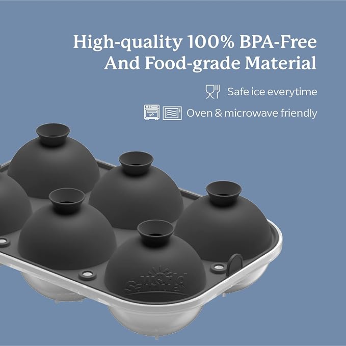 Samuelworld Large Ice Ball Maker with Lid, 6 x 2.5 Inch Ice Balls - Food Grade, Easy To Fill Round Silicone Ice Tray, Perfect Spheres Craft Ice Maker for Whiskey, Cocktails, Gifting - Grey