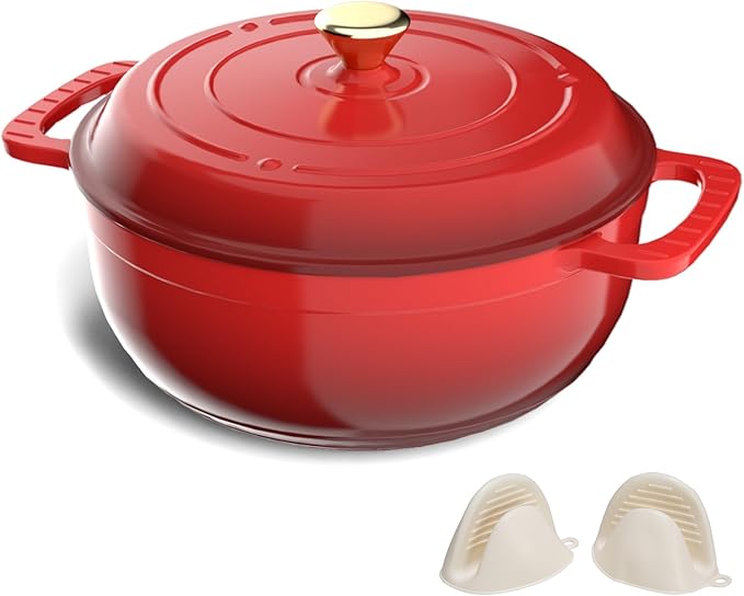 VINGLI 6QT Enameled Cast Iron Round Dutch Oven Pot with Lid, NonStick Casserole Pot with Dual Handles & Silicone GlovesRed, Oven Safe up to 500°F or on Stovetop, Dutch Oven for Bread Baking, Red