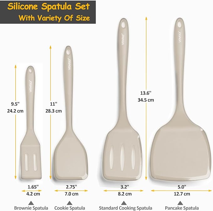 Silicone Spatula Set, 600°F Heat Resistant Silicone Spatula Turner Flipper for Cooking, Non Stick and Non Scratch Kitchen Utensils for Eggs & Pancakes, 4 Pack,Khaki