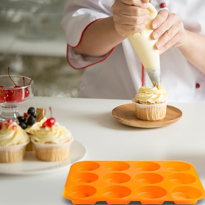 12 Cups Silicone Muffin Pan, Nonstick Cupcake Pan, Heat Resistant Silicone Muffin Tin, Reusable Cupcake Moulds Baking Pan for Cakes, Bread (Orange-2 Packs)